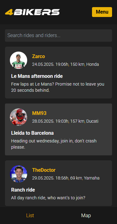 Rides list page